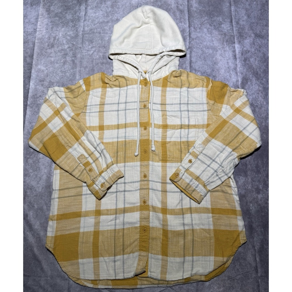 American Eagle Women's Flannel Medium Yellow Plaid Hoodie‎ Pockets Drawstring